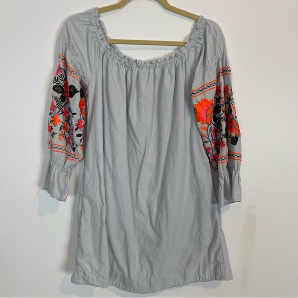 Free People Floral Embroidered off shoulder mini dress Cotton Gray pockets SZ XS - Picture 4 of 8